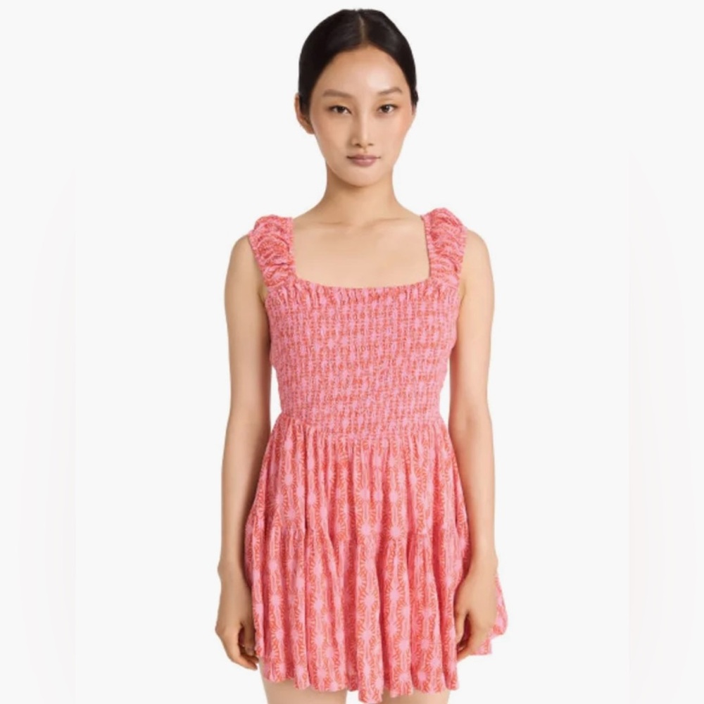 Free People sweet Annie Pink Smocked Square-Neck Mini Dress size large